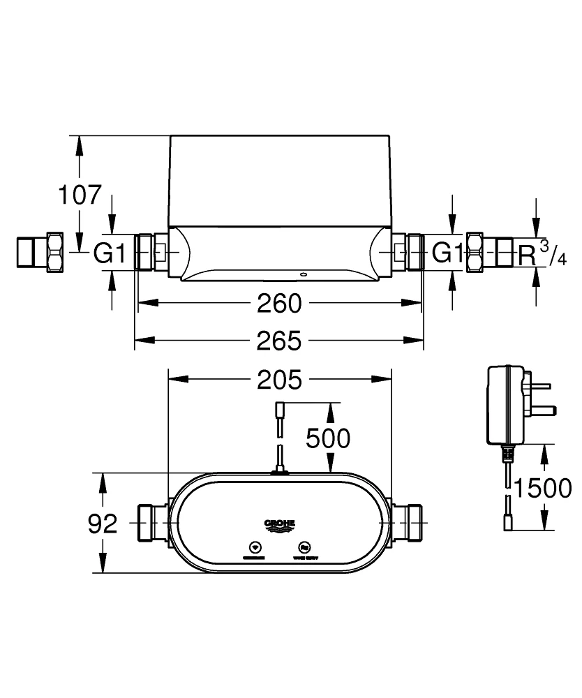 Technical dimensions of the GROHE Sense Guard and power supply